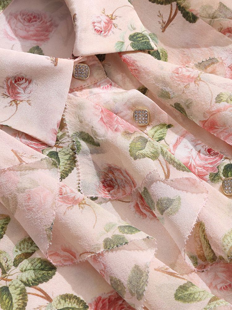 Women's Romantic Light Pink Rose Floral Long Sleeve Silk Blouse with Cascading Ruffles