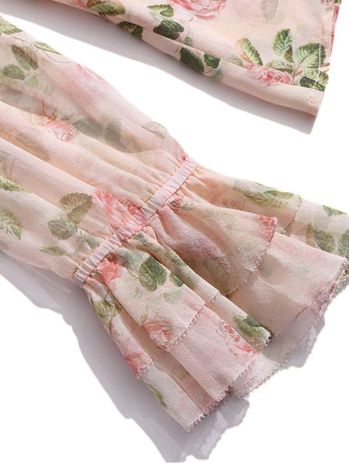 Women's Romantic Light Pink Rose Floral Long Sleeve Silk Blouse with Cascading Ruffles