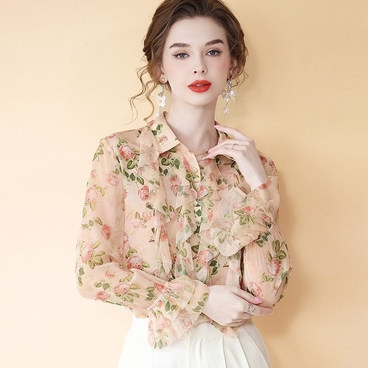 Women's Romantic Light Pink Rose Floral Long Sleeve Silk Blouse with Cascading Ruffles