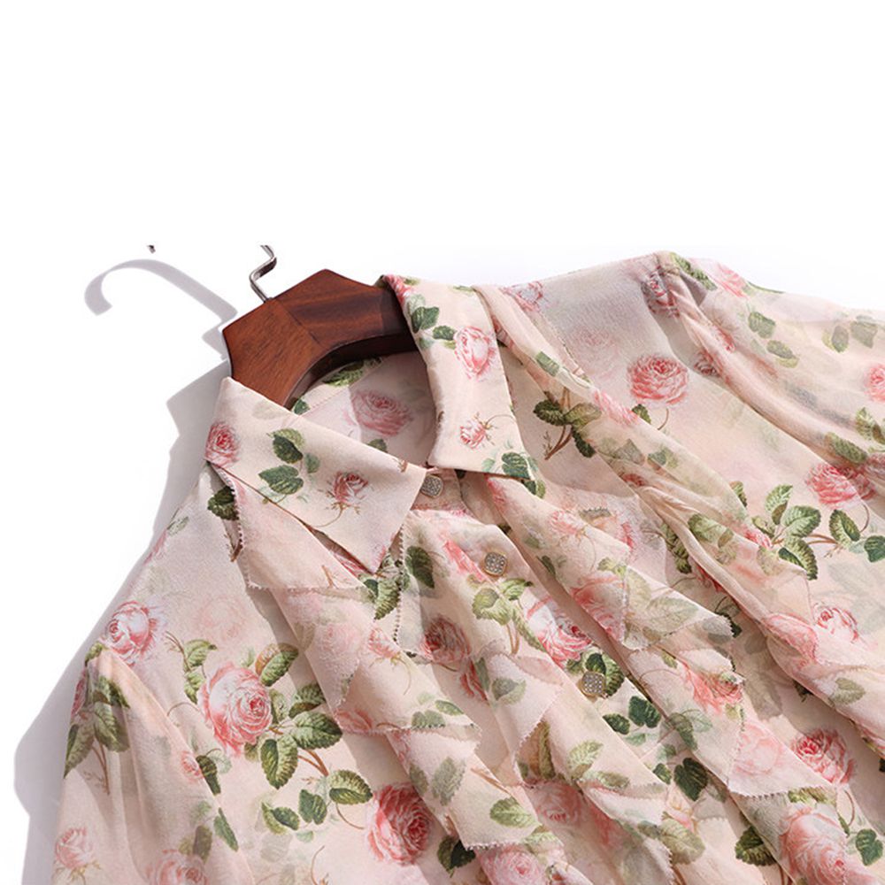 Women's Romantic Light Pink Rose Floral Long Sleeve Silk Blouse with Cascading Ruffles