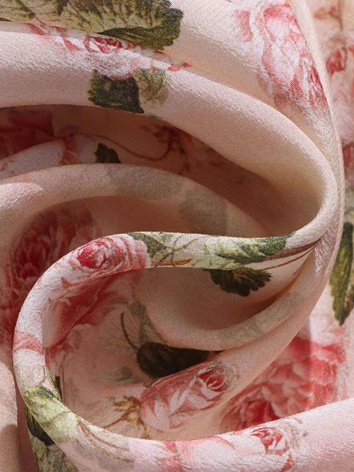 Women's Romantic Light Pink Rose Floral Long Sleeve Silk Blouse with Cascading Ruffles