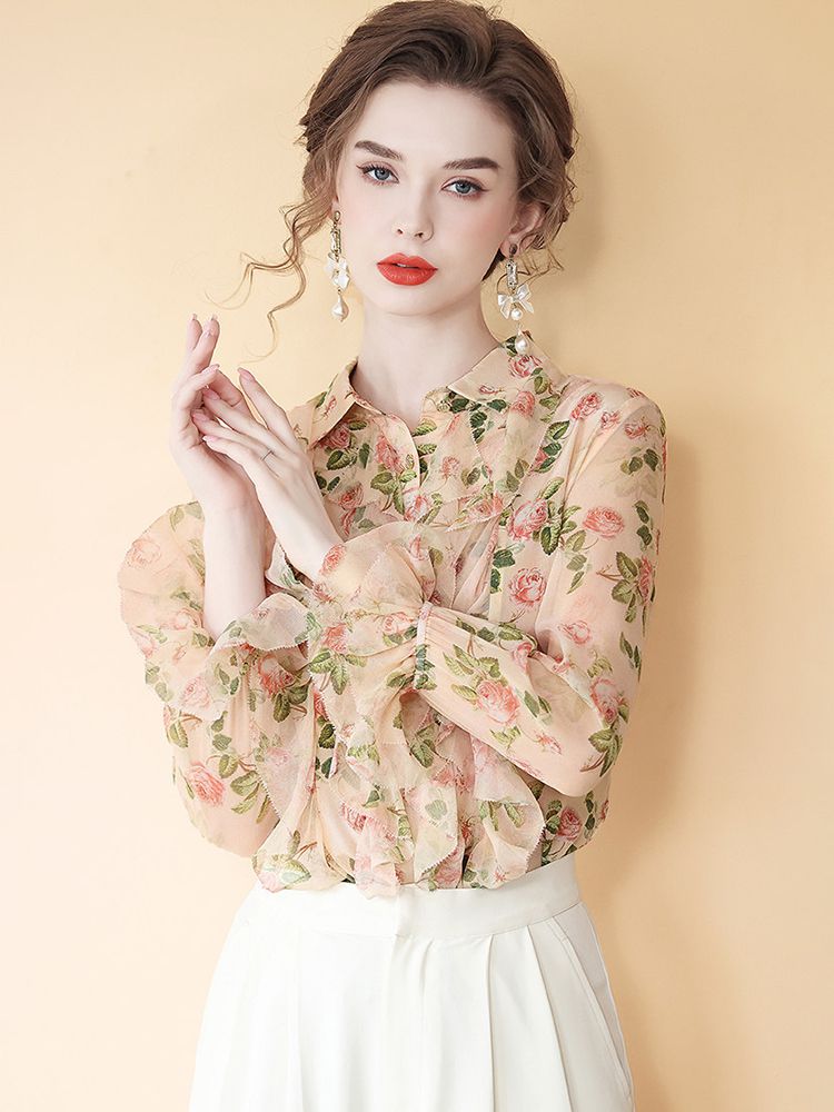 Women's Romantic Light Pink Rose Floral Long Sleeve Silk Blouse with Cascading Ruffles