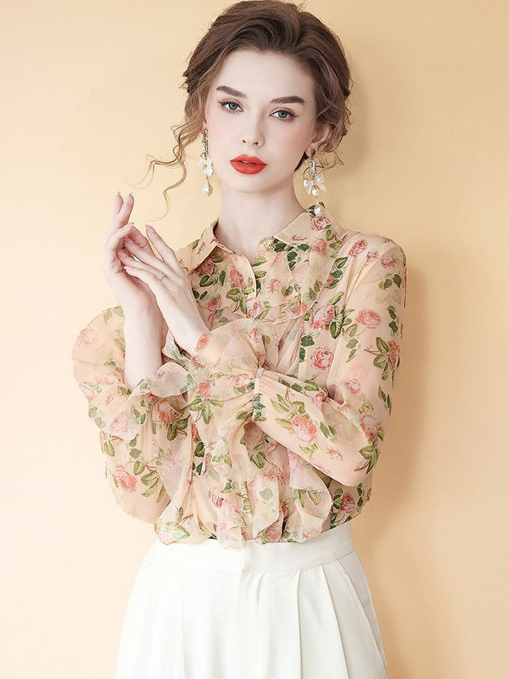 Women's Romantic Light Pink Rose Floral Long Sleeve Silk Blouse with Cascading Ruffles