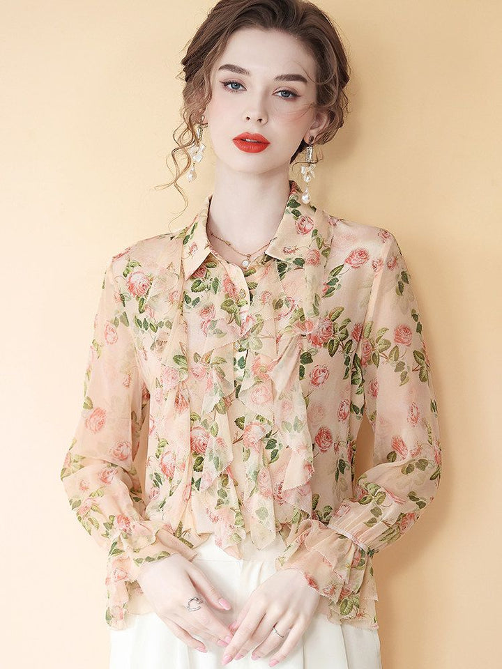 Women's Romantic Light Pink Rose Floral Long Sleeve Silk Blouse with Cascading Ruffles