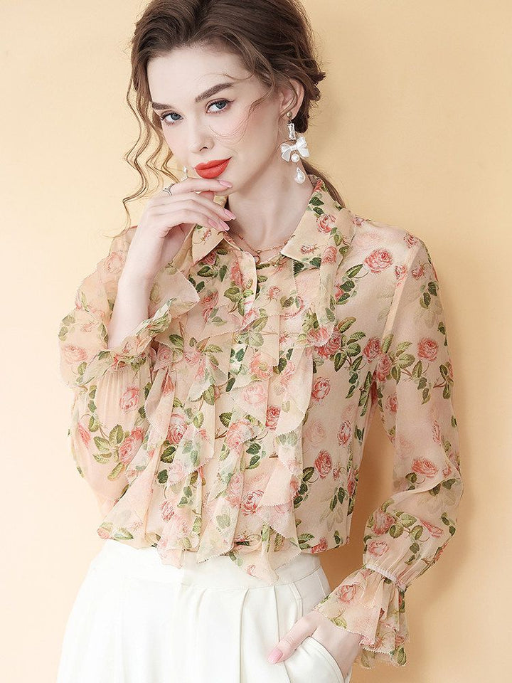 Women's Romantic Light Pink Rose Floral Long Sleeve Silk Blouse with Cascading Ruffles