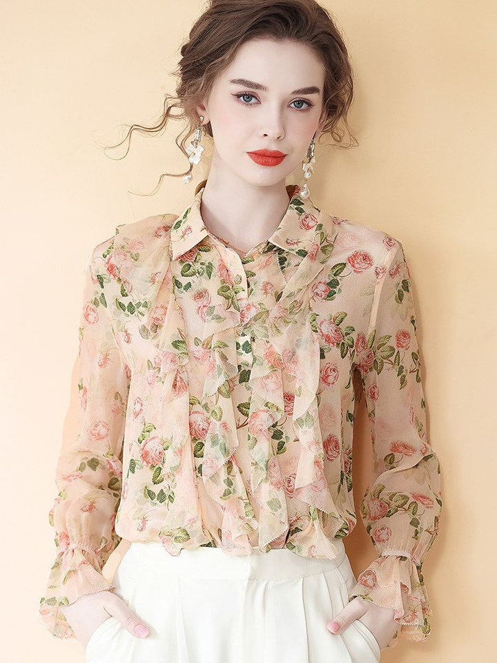 Women's Romantic Light Pink Rose Floral Long Sleeve Silk Blouse with Cascading Ruffles