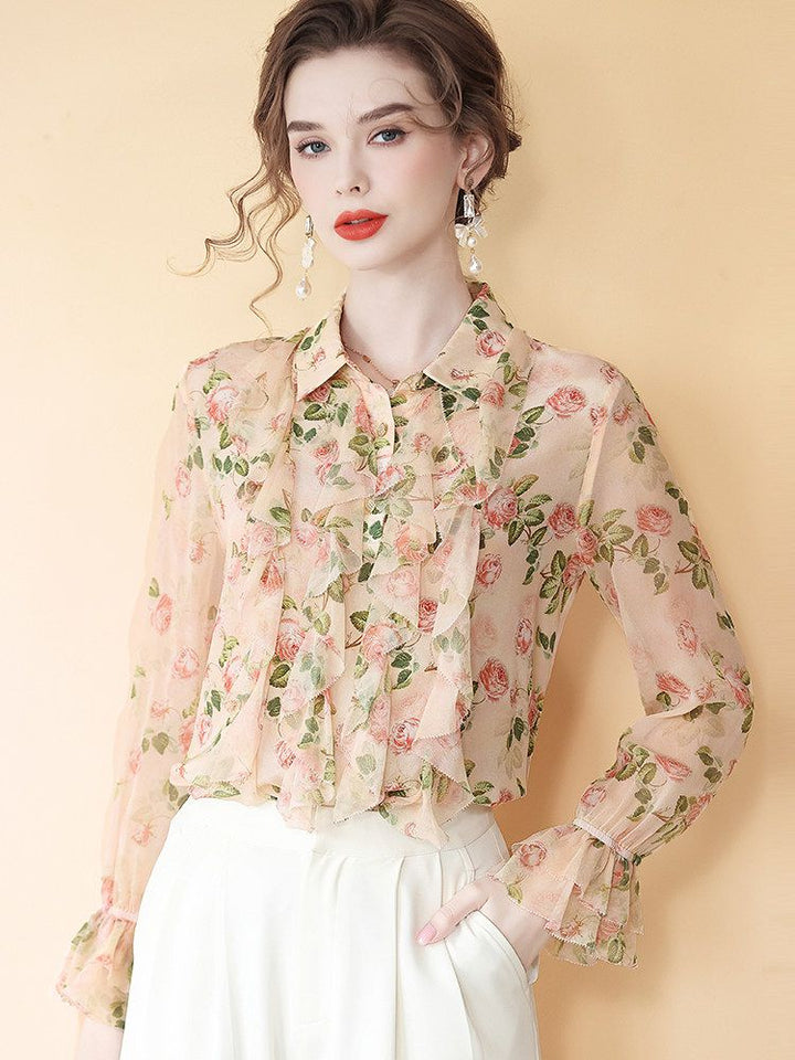 Women's Romantic Light Pink Rose Floral Long Sleeve Silk Blouse with Cascading Ruffles