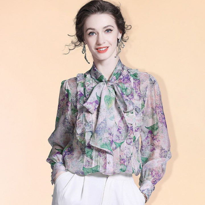 Women's Romantic Lavender Floral Bow Tie Neck Long Sleeve Silk Blouse