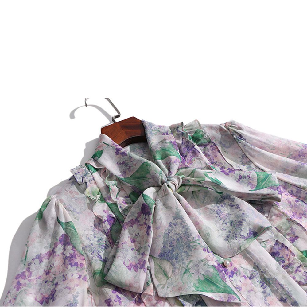Women's Romantic Lavender Floral Bow Tie Neck Long Sleeve Silk Blouse