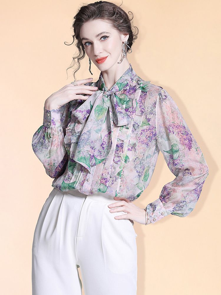 Women's Romantic Lavender Floral Bow Tie Neck Long Sleeve Silk Blouse