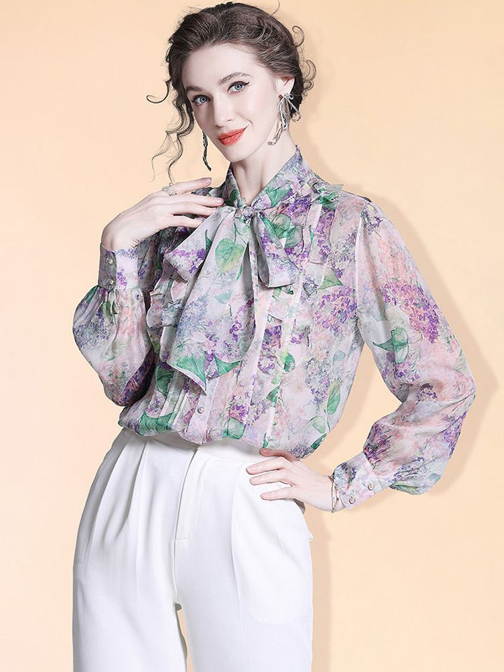 Women's Romantic Lavender Floral Bow Tie Neck Long Sleeve Silk Blouse