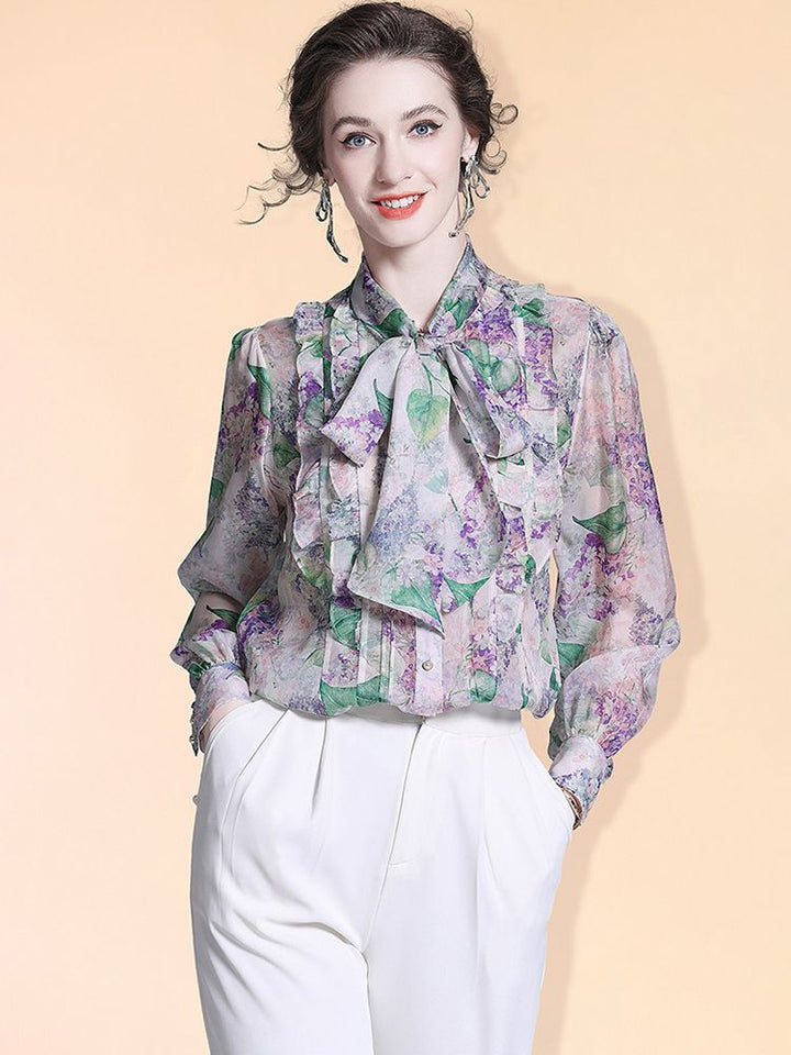 Women's Romantic Lavender Floral Bow Tie Neck Long Sleeve Silk Blouse