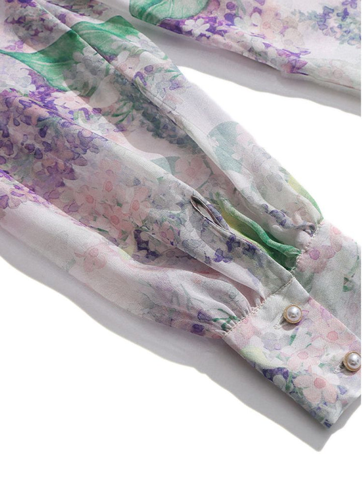 Women's Romantic Lavender Floral Bow Tie Neck Long Sleeve Silk Blouse