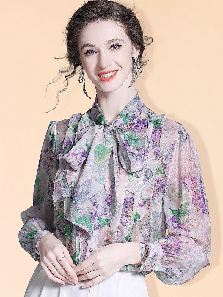Women's Romantic Lavender Floral Bow Tie Neck Long Sleeve Silk Blouse