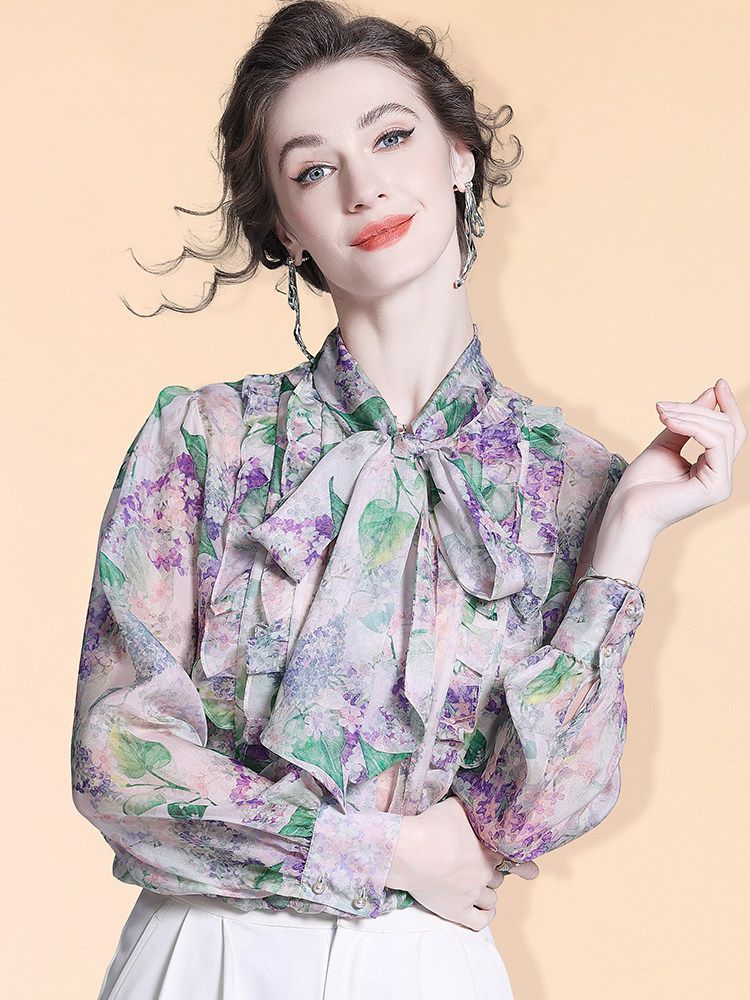 Women's Romantic Lavender Floral Bow Tie Neck Long Sleeve Silk Blouse