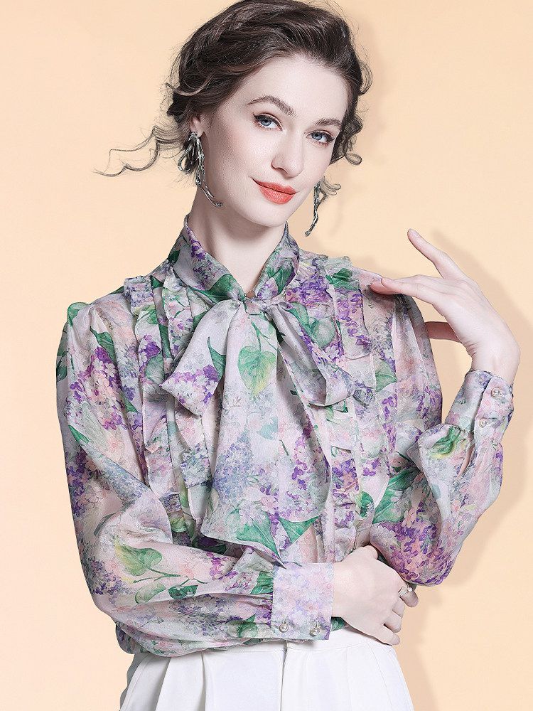 Women's Romantic Lavender Floral Bow Tie Neck Long Sleeve Silk Blouse