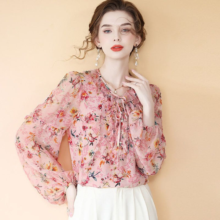 Romantic Ruffle Tie-Neck Lantern Sleeve Dusty Pink Floral Silk Blouse