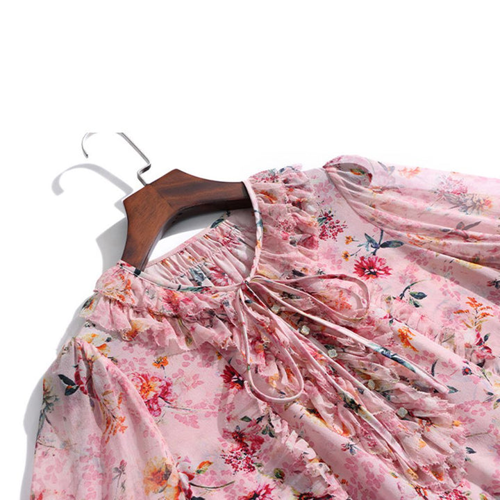 Romantic Ruffle Tie-Neck Lantern Sleeve Dusty Pink Floral Silk Blouse