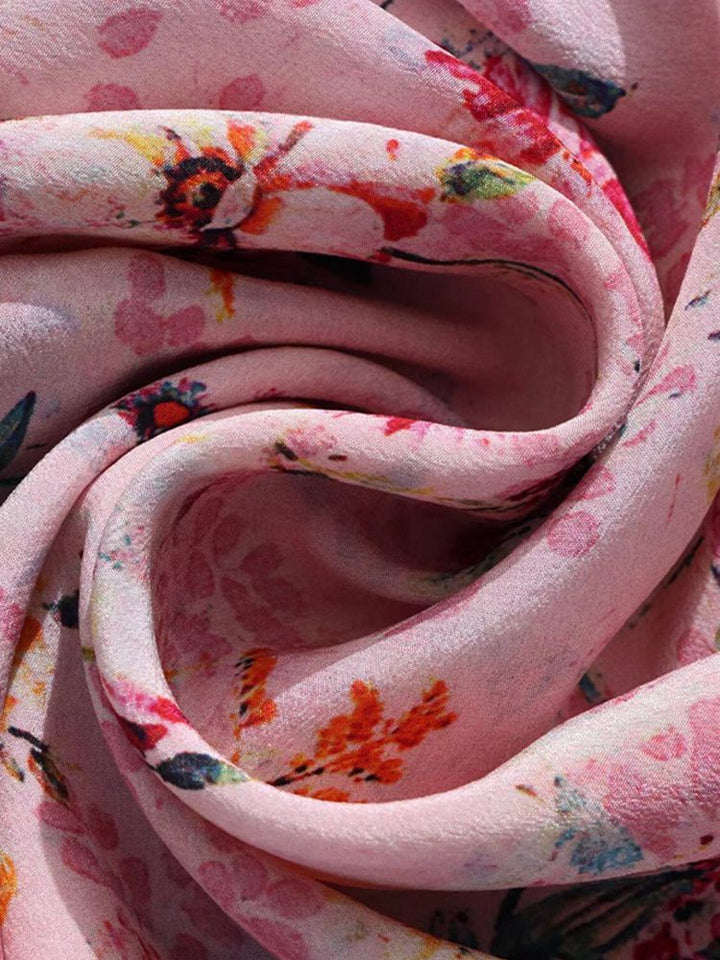 Romantic Ruffle Tie-Neck Lantern Sleeve Dusty Pink Floral Silk Blouse