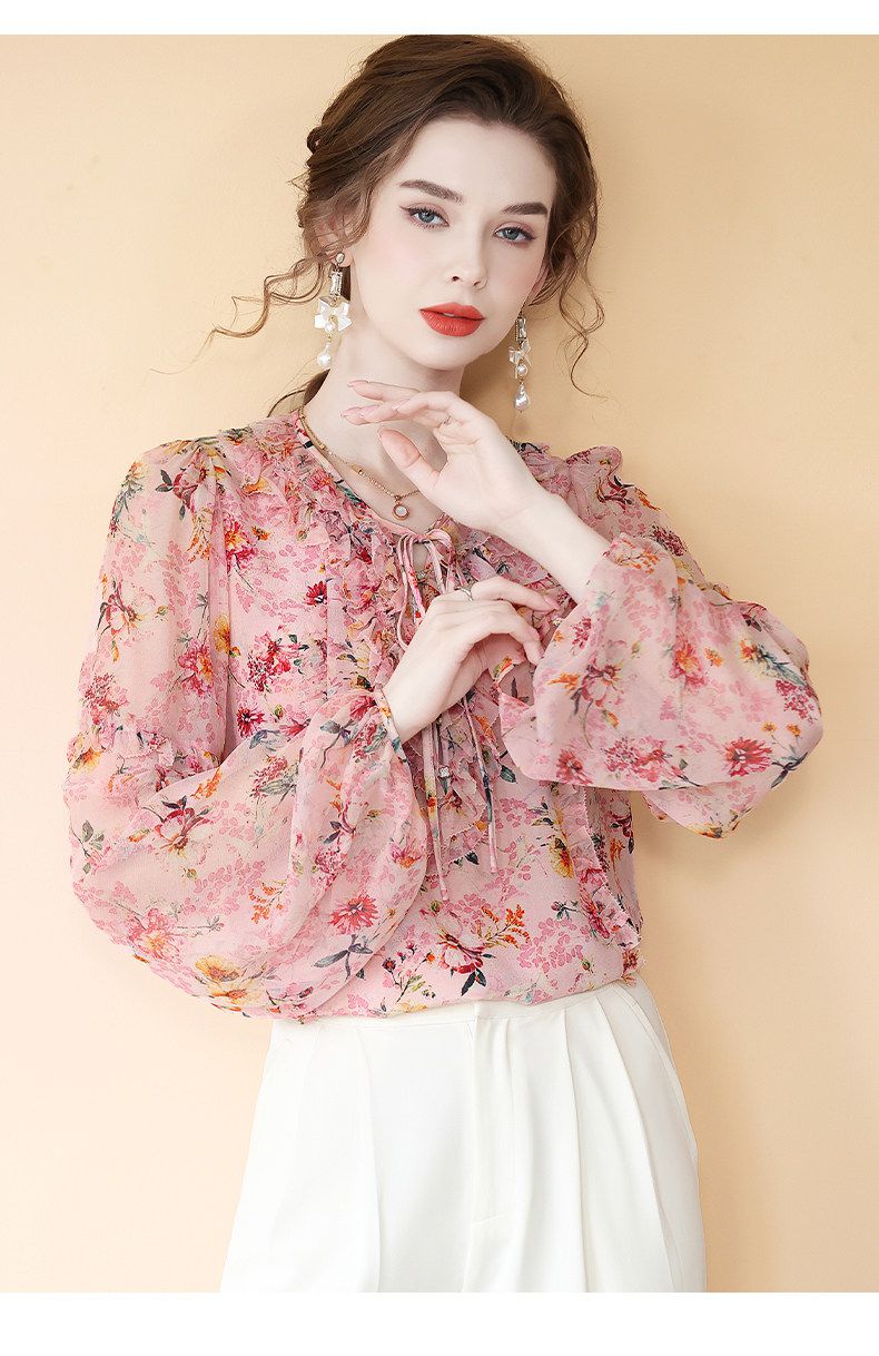 Romantic Ruffle Tie-Neck Lantern Sleeve Dusty Pink Floral Silk Blouse