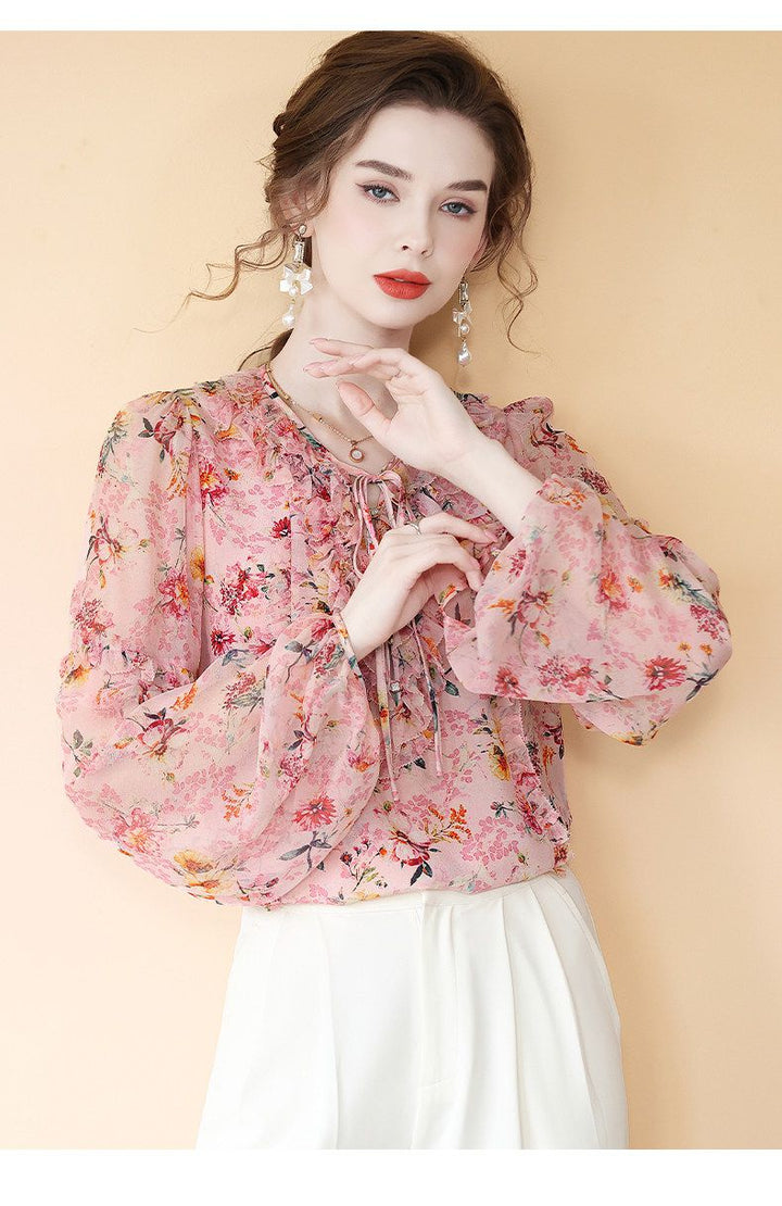 Romantic Ruffle Tie-Neck Lantern Sleeve Dusty Pink Floral Silk Blouse