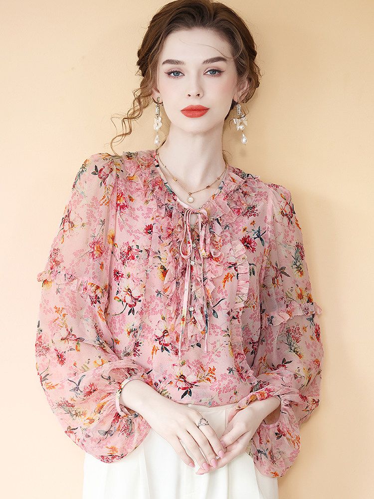 Romantic Ruffle Tie-Neck Lantern Sleeve Dusty Pink Floral Silk Blouse