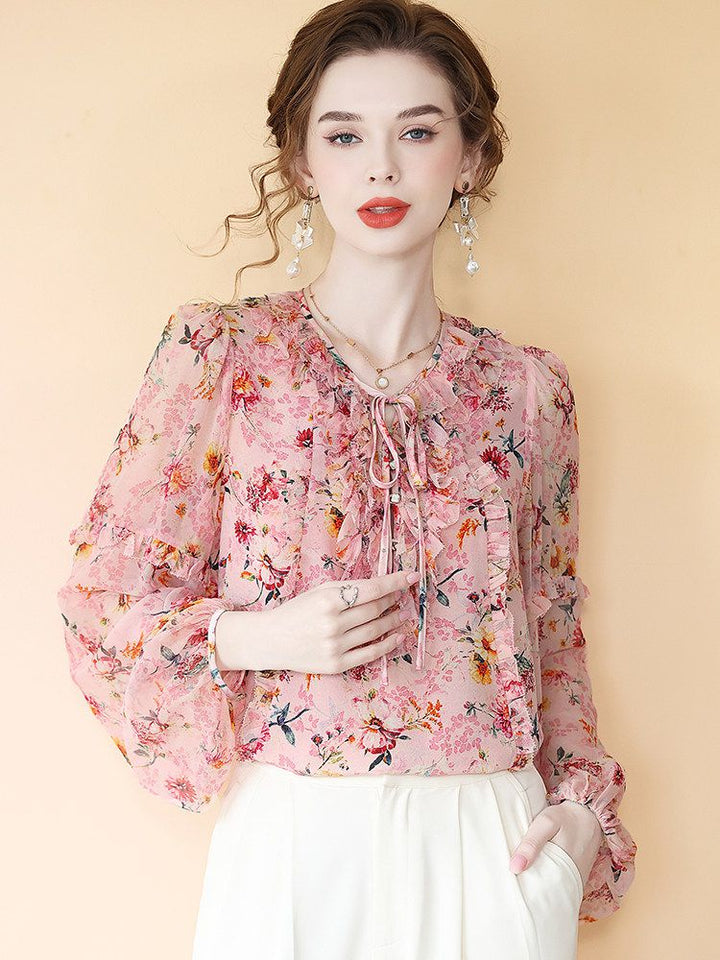 Romantic Ruffle Tie-Neck Lantern Sleeve Dusty Pink Floral Silk Blouse