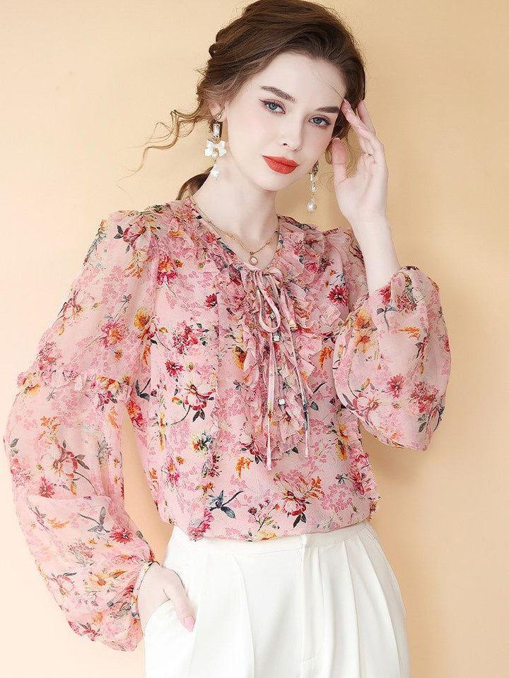 Romantic Ruffle Tie-Neck Lantern Sleeve Dusty Pink Floral Silk Blouse