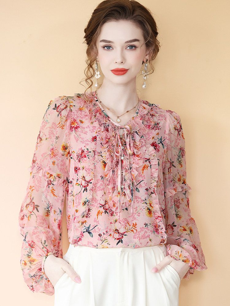 Romantic Ruffle Tie-Neck Lantern Sleeve Dusty Pink Floral Silk Blouse