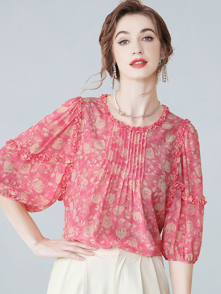 Women’s Ruffle Trim Pleated Front Pink Floral Silk Blouse