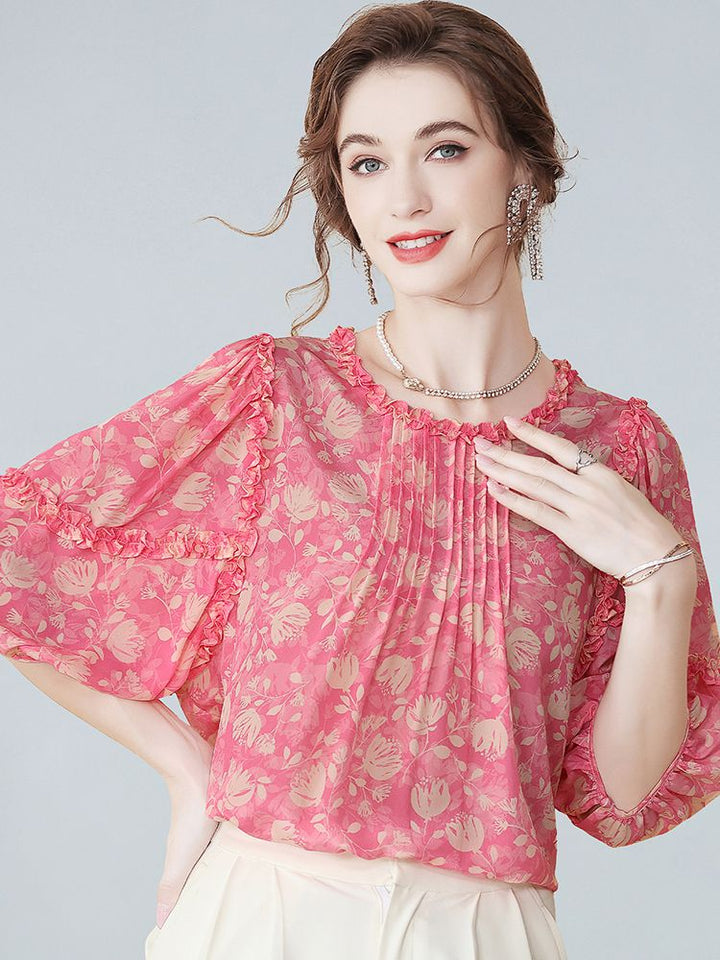 Women’s Ruffle Trim Pleated Front Pink Floral Silk Blouse