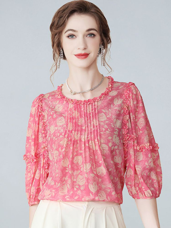 Women’s Ruffle Trim Pleated Front Pink Floral Silk Blouse