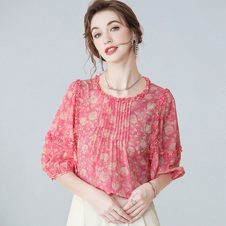 Women’s Ruffle Trim Pleated Front Pink Floral Silk Blouse
