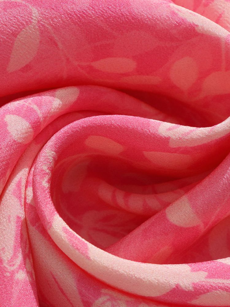 Women’s Ruffle Trim Pleated Front Pink Floral Silk Blouse