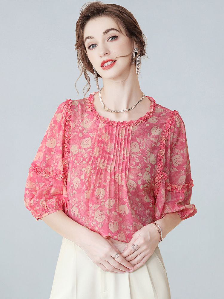 Women’s Ruffle Trim Pleated Front Pink Floral Silk Blouse