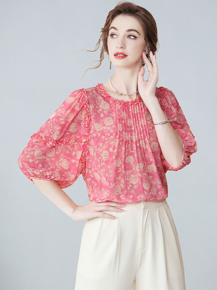 Women’s Ruffle Trim Pleated Front Pink Floral Silk Blouse