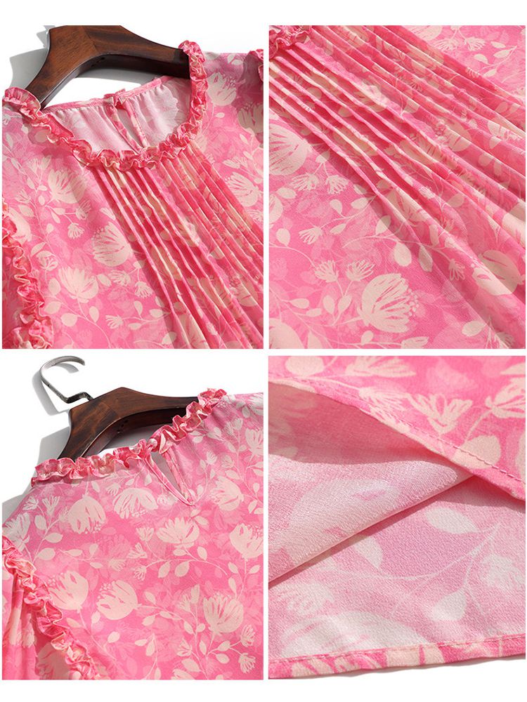 Women’s Ruffle Trim Pleated Front Pink Floral Silk Blouse
