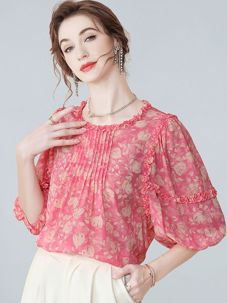 Women’s Ruffle Trim Pleated Front Pink Floral Silk Blouse