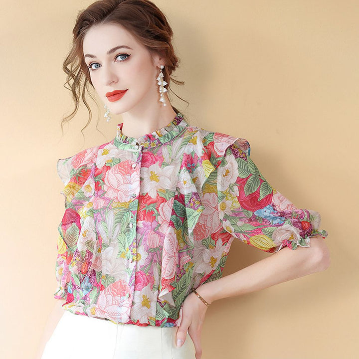 Women's Ruffled Flutter Sleeve Mock Neck Floral Mulberry Silk Shirt