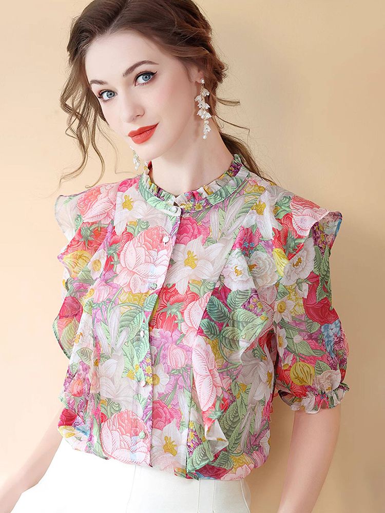 Women's Ruffled Flutter Sleeve Mock Neck Floral Mulberry Silk Shirt
