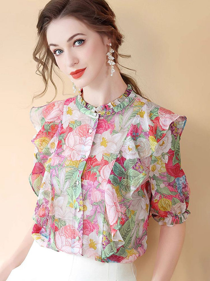 Women's Ruffled Flutter Sleeve Mock Neck Floral Mulberry Silk Shirt