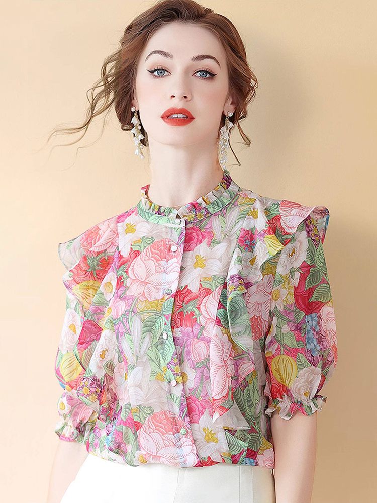Women's Ruffled Flutter Sleeve Mock Neck Floral Mulberry Silk Shirt