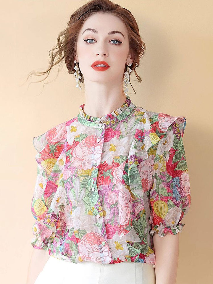 Women's Ruffled Flutter Sleeve Mock Neck Floral Mulberry Silk Shirt