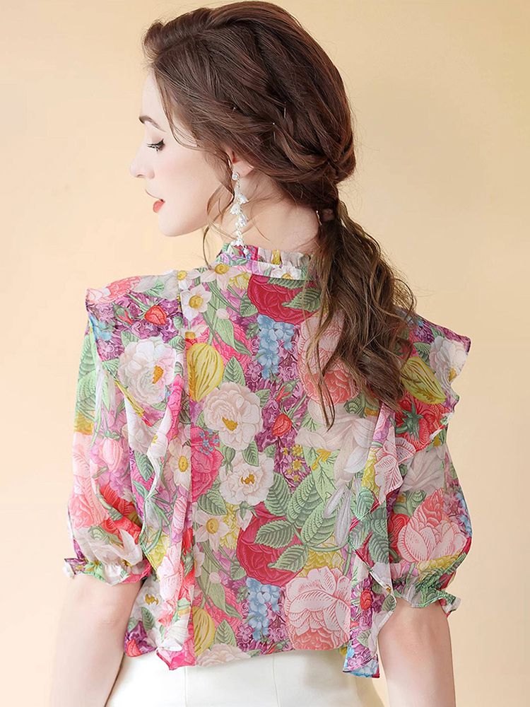 Women's Ruffled Flutter Sleeve Mock Neck Floral Mulberry Silk Shirt