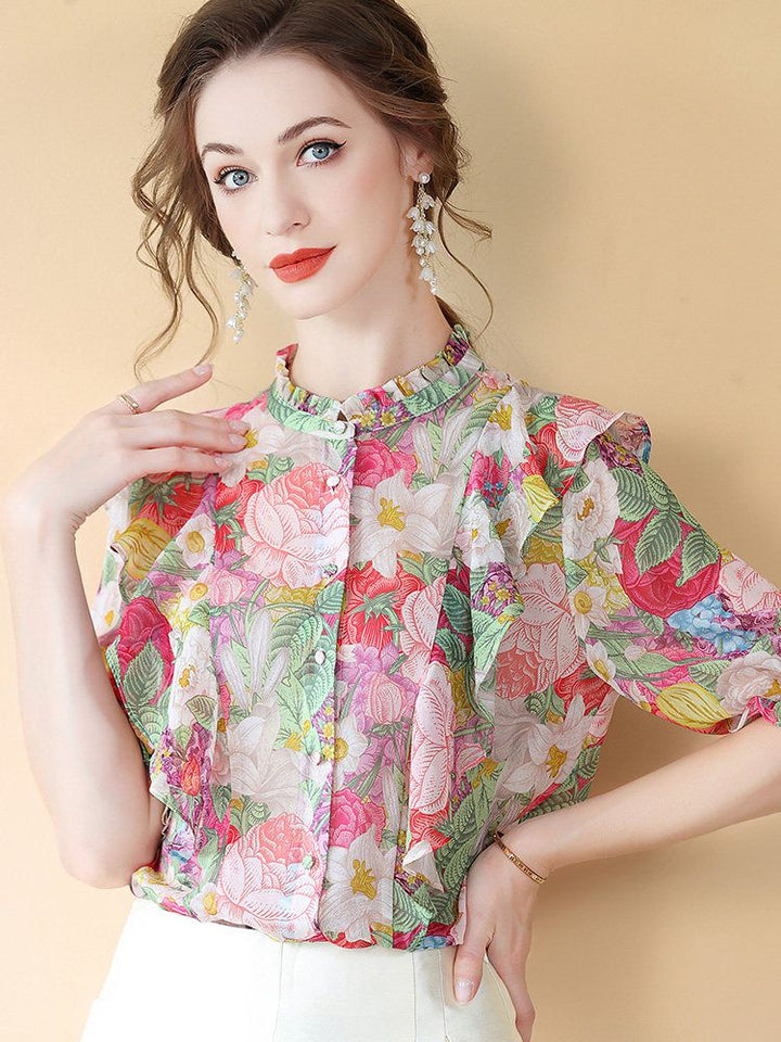 Women's Ruffled Flutter Sleeve Mock Neck Floral Mulberry Silk Shirt