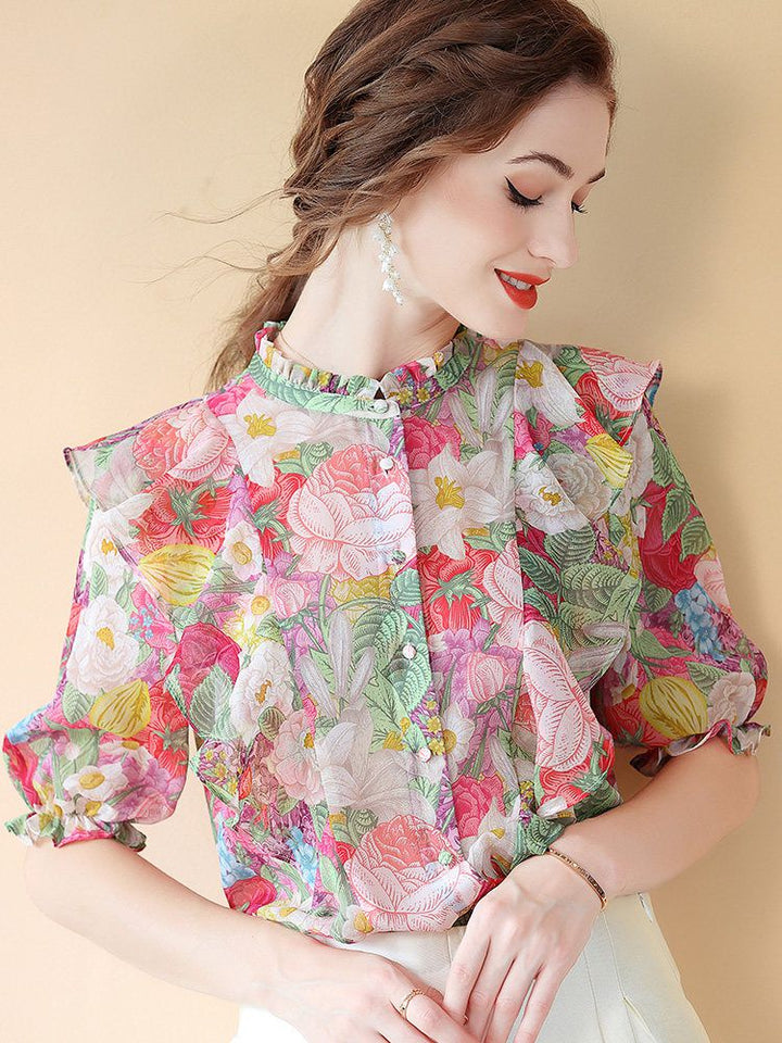 Women's Ruffled Flutter Sleeve Mock Neck Floral Mulberry Silk Shirt