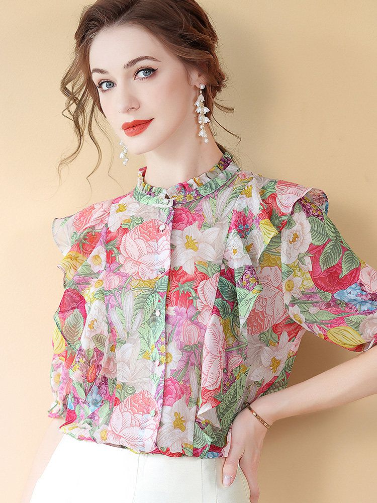 Women's Ruffled Flutter Sleeve Mock Neck Floral Mulberry Silk Shirt