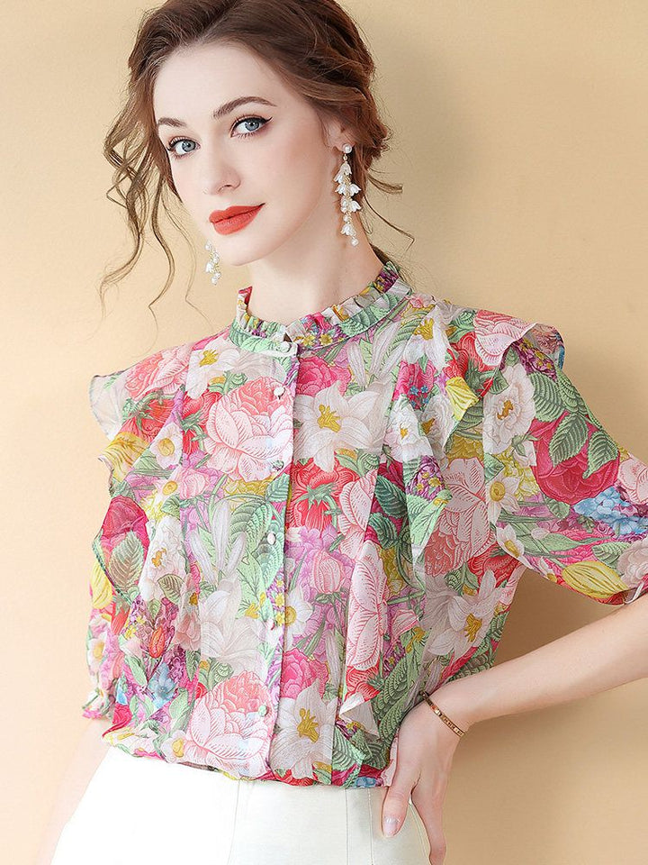 Women's Ruffled Flutter Sleeve Mock Neck Floral Mulberry Silk Shirt