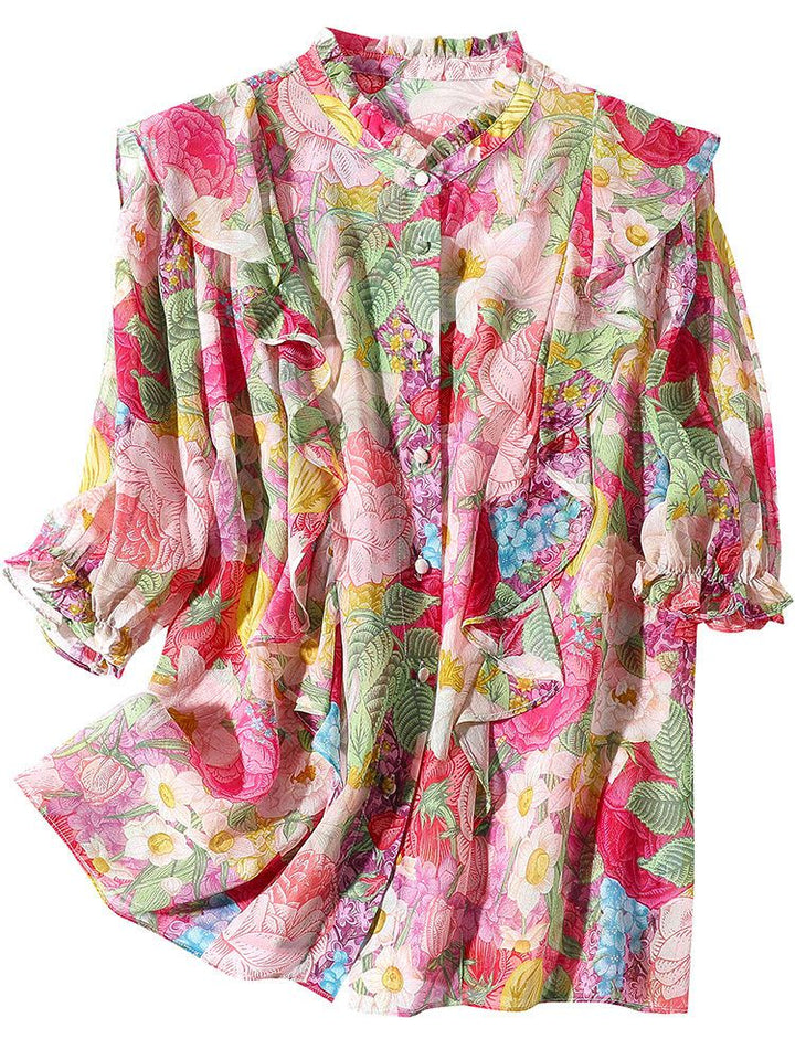 Women's Ruffled Flutter Sleeve Mock Neck Floral Mulberry Silk Shirt