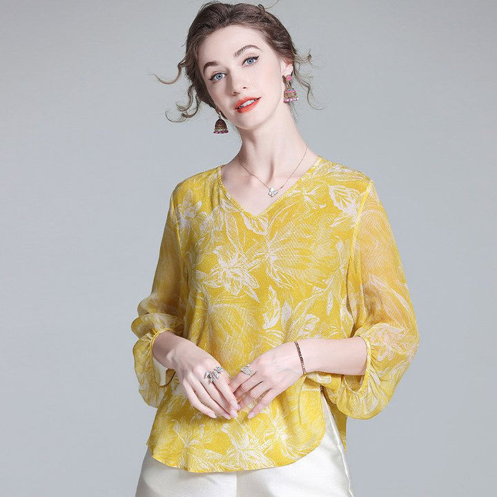 Yellow Tropical Leaf Print V-Neck Sheer Bracelet Sleeve Silk Blouse